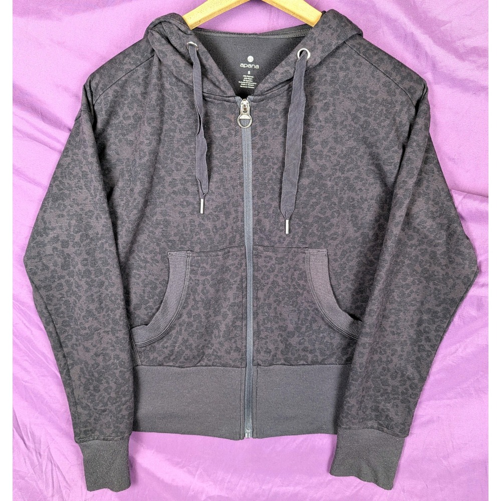 Apana Womens Black Jaguar Print Full Zip Hoodie Thumbhole Jacket Small